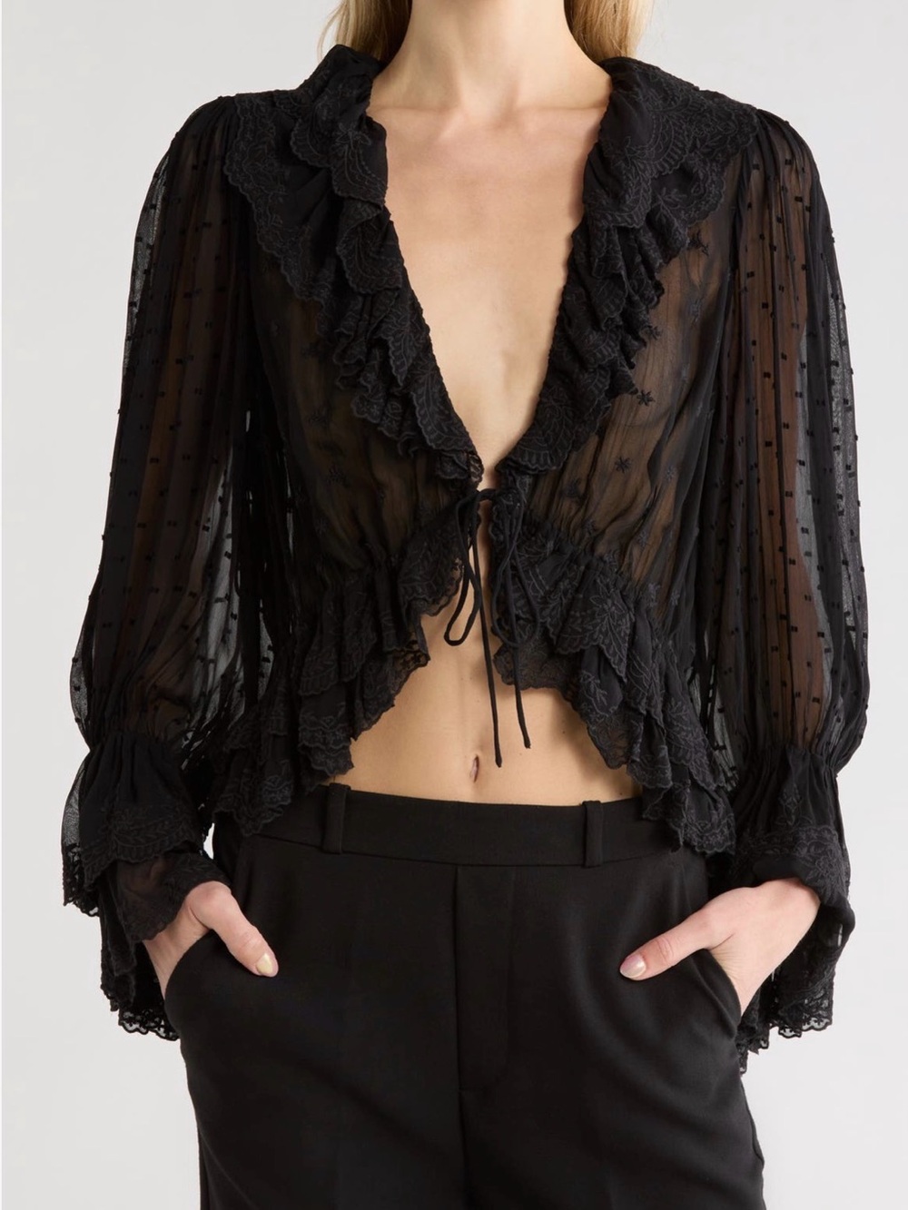 Alice + Olivia Black Sheer Embroidered Blouse
